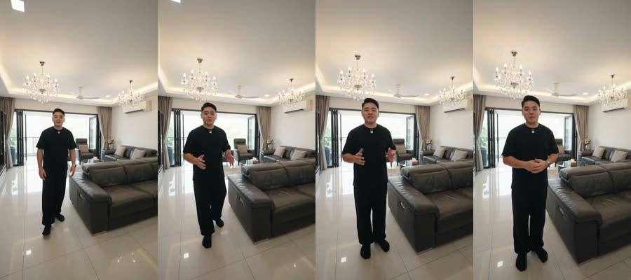 Four frames of Ernest in the living room from an earlier preview