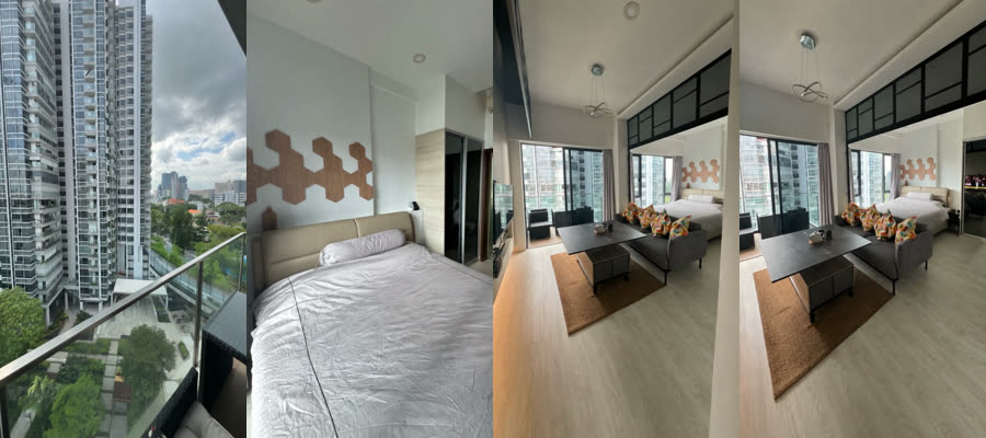 Four frames: balcony, bedroom, living room